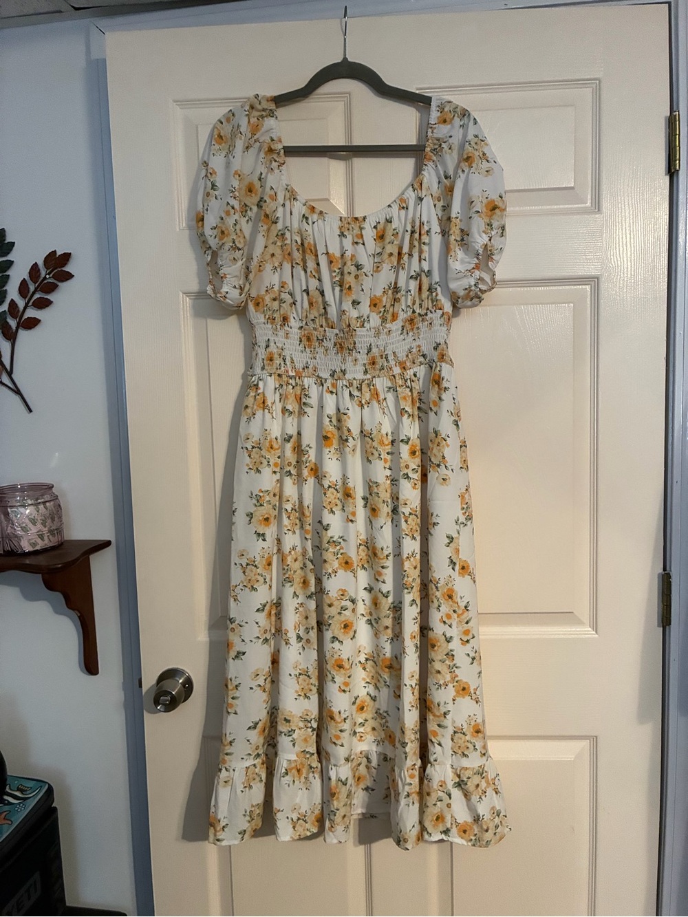 Cream Floral Puff-Sleeve Midi Dress with Shirred Waist